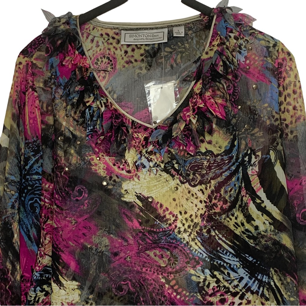 SIMONTON SAYS Paisley Animal Print Popover Top Sz L - Picture 6 of 11